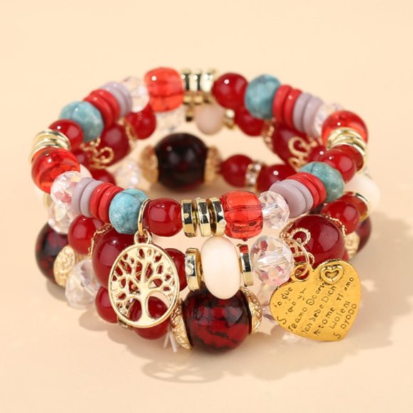 Bohemian Fashion Trendy Beaded Charm Bracelets - RED Mix - Picture 1 of 1